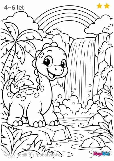 Kawaii pobarvanka: dinozaver in mavrični slap za otroke od 4–6 let