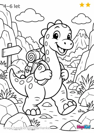 Kawaii pobarvanka: dinozaver na raziskovalni odpravi za otroke od 4–6 let