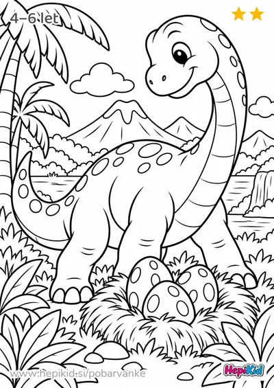 Kawaii pobarvanka: dinozaver in gnezdo za otroke od 4–6 let