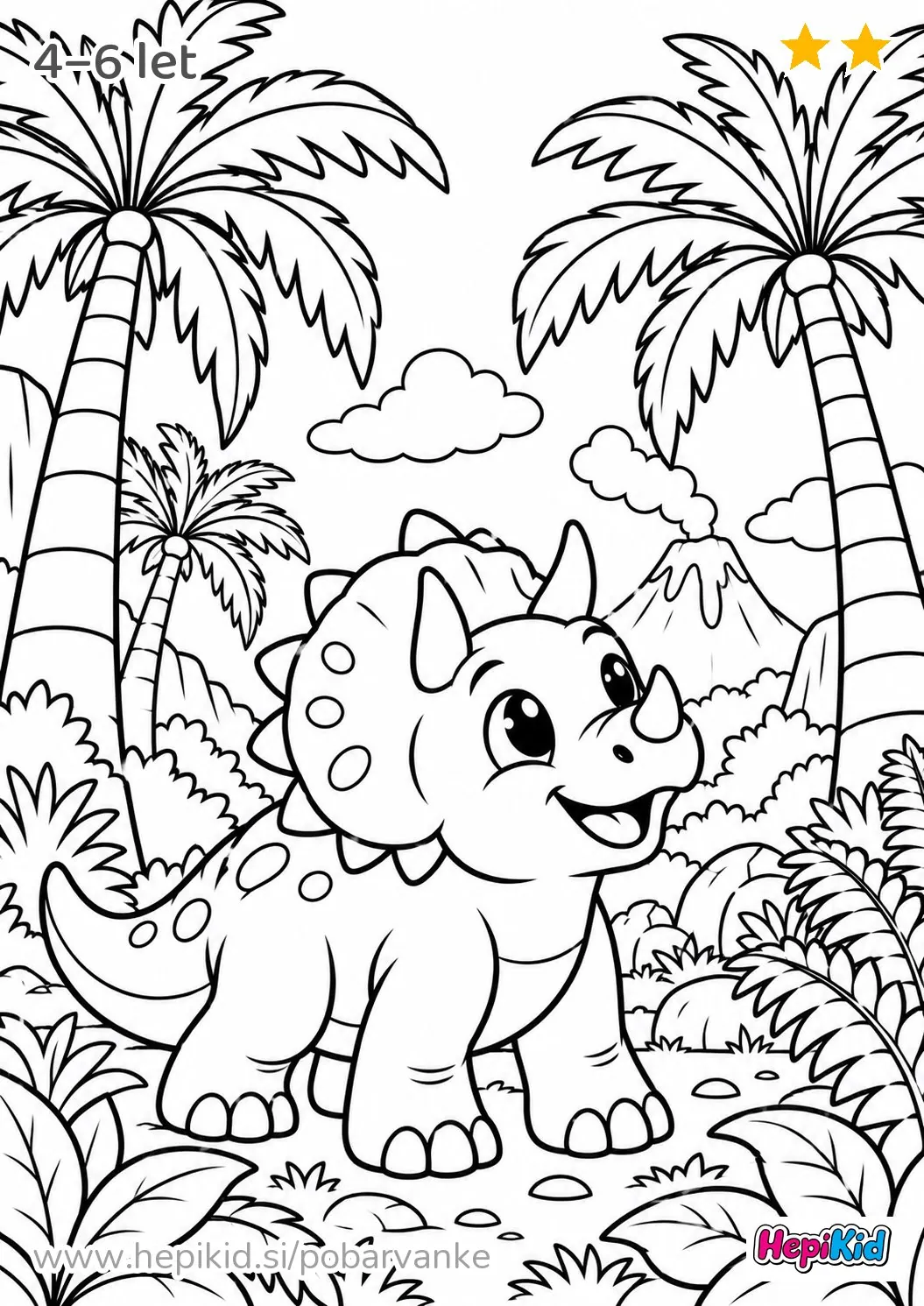 Kawaii pobarvanka: dinozaver in prazgodovinski palmovec za otroke od 4–6 let