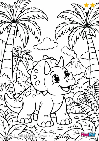Kawaii pobarvanka: dinozaver in prazgodovinski palmovec za otroke od 4–6 let