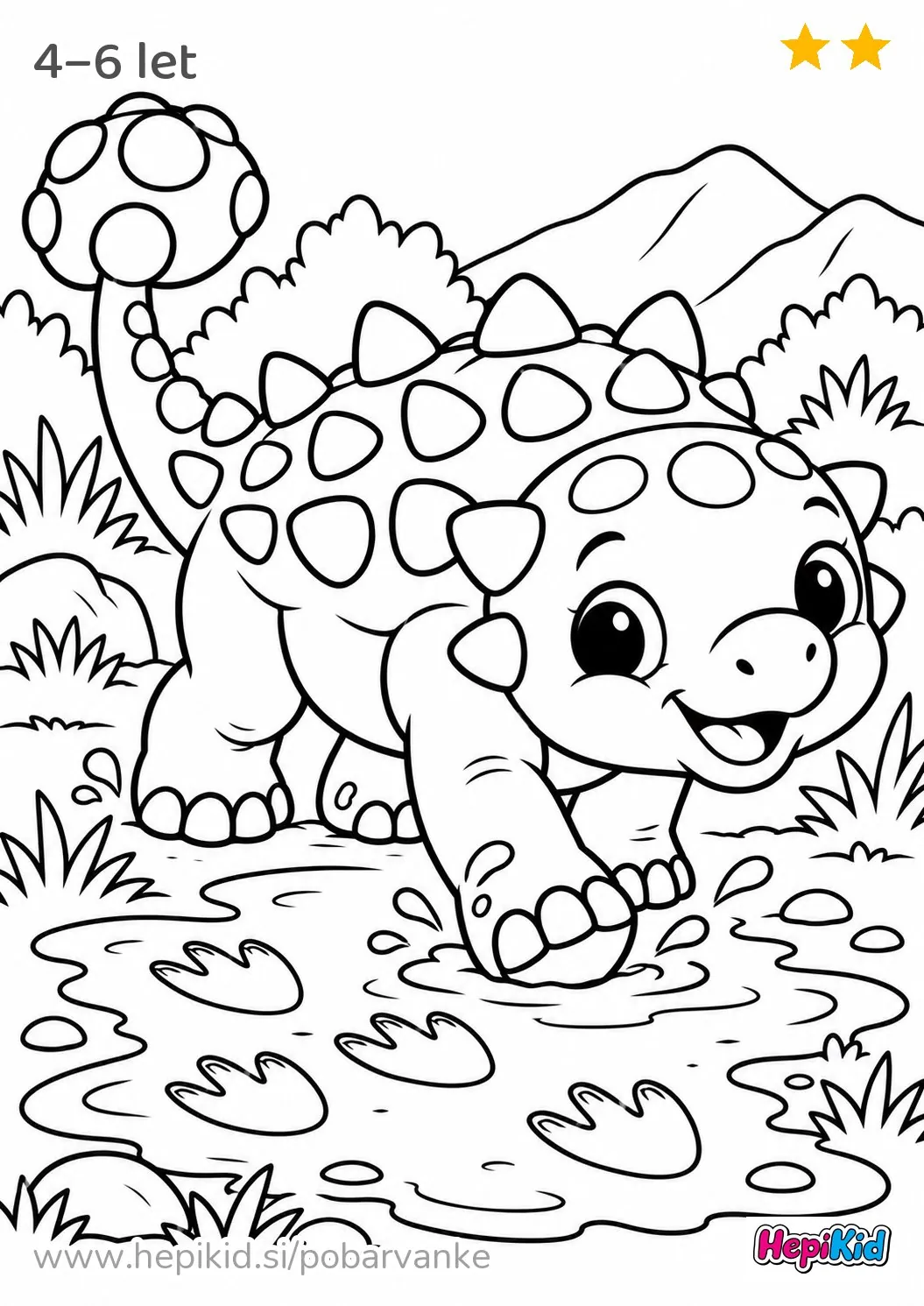 Kawaii pobarvanka: dinozaver pri blatni luži za otroke od 4–6 let