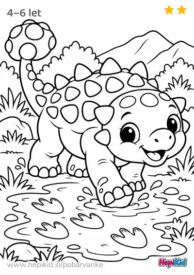 Kawaii pobarvanka: dinozaver pri blatni luži za otroke od 4–6 let
