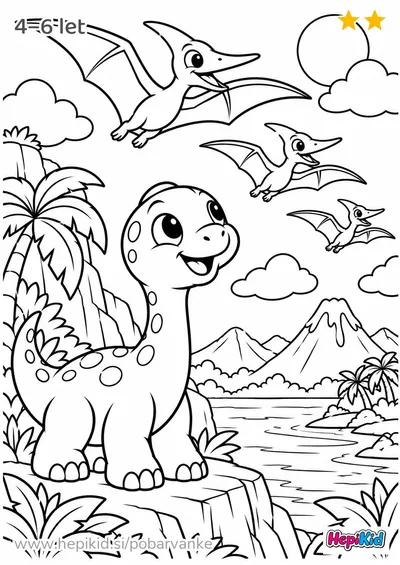 Kawaii pobarvanka: dinozaver in jata pterodaktilov za otroke od 4–6 let