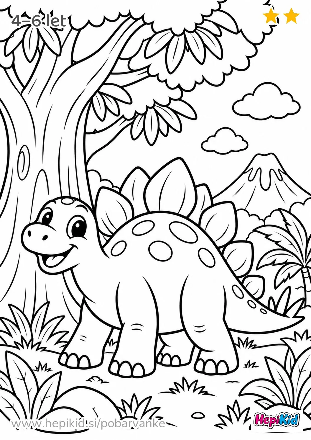 Kawaii pobarvanka: dinozaver ob velikem drevesu za otroke od 4–6 let