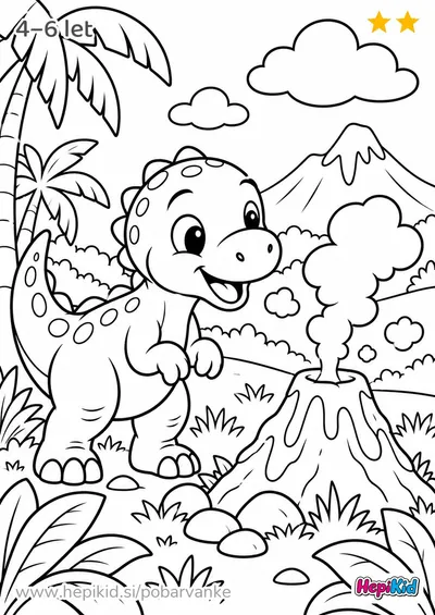 Kawaii pobarvanka: dinozaver in majhen vulkan za otroke od 4–6 let