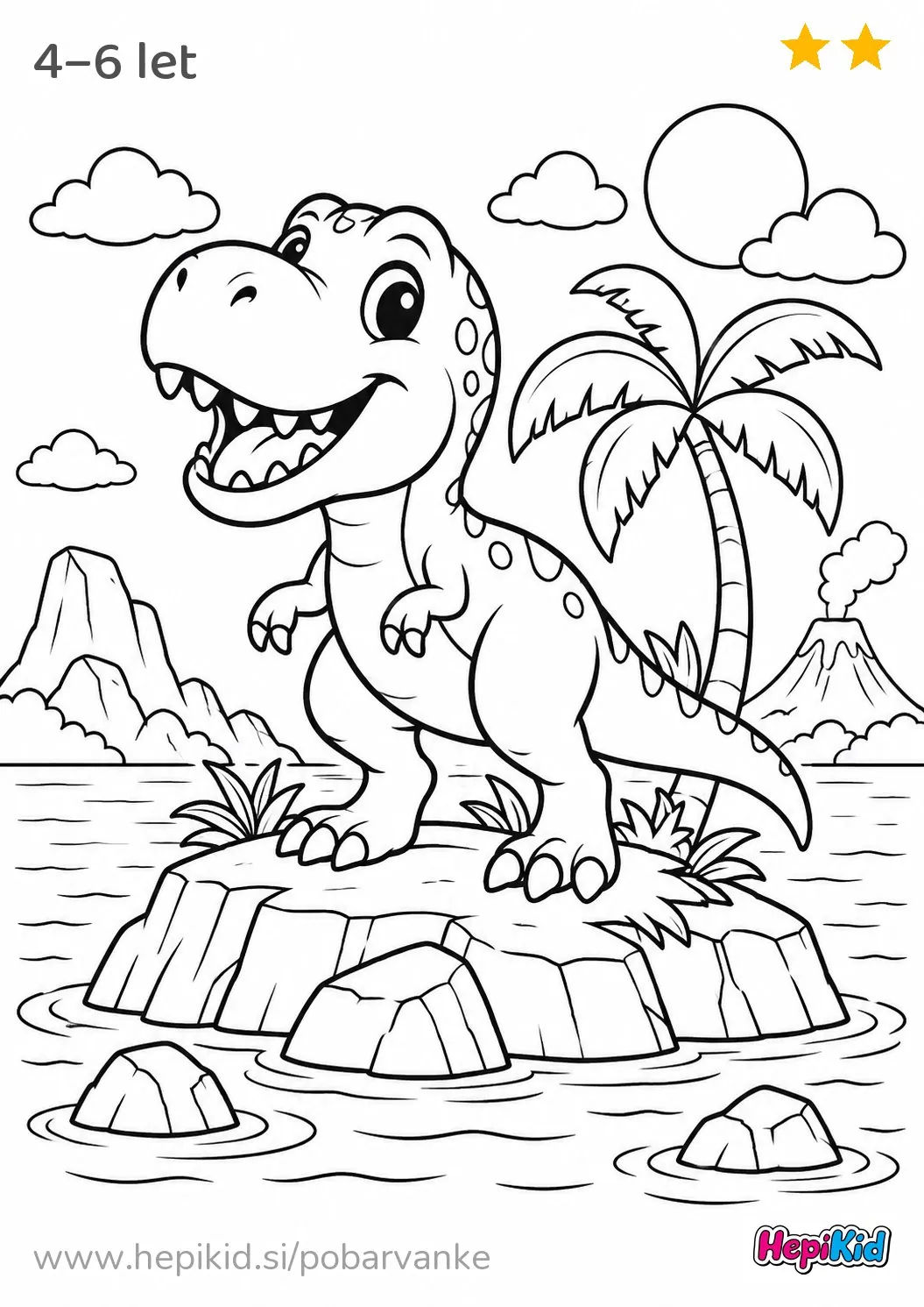 Kawaii pobarvanka: dinozaver na kamnitem otoku za otroke od 4–6 let