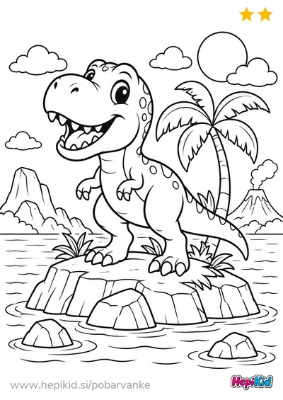 Dinozaver z odprtim gobčkom stoji na skalnatem otočku s palmo.