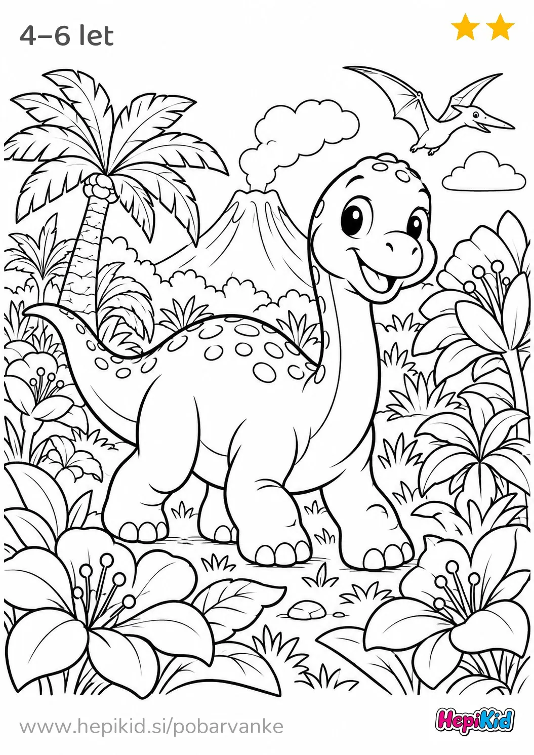 Kawaii pobarvanka: dinozaver in prazgodovinski cvetlični travnik za otroke od 4–6 let