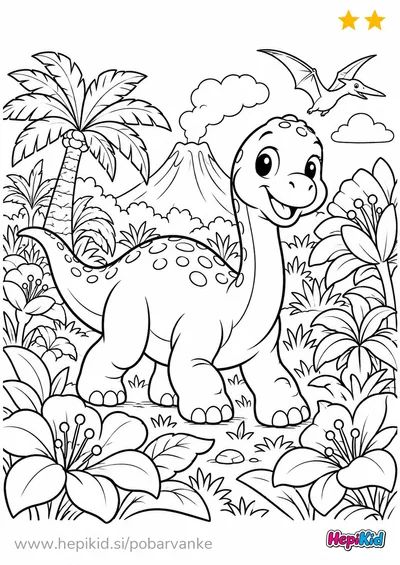Dolgovrati dinozaver stoji med velikimi cvetovi, praprotmi in palmami.