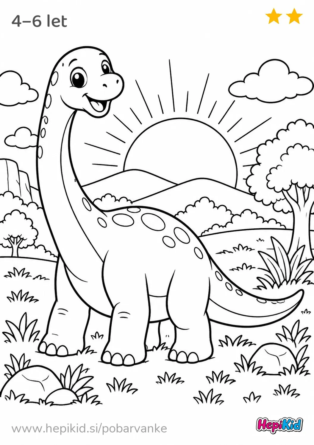 Kawaii pobarvanka: dinozaver pri jutranjem soncu za otroke od 4–6 let