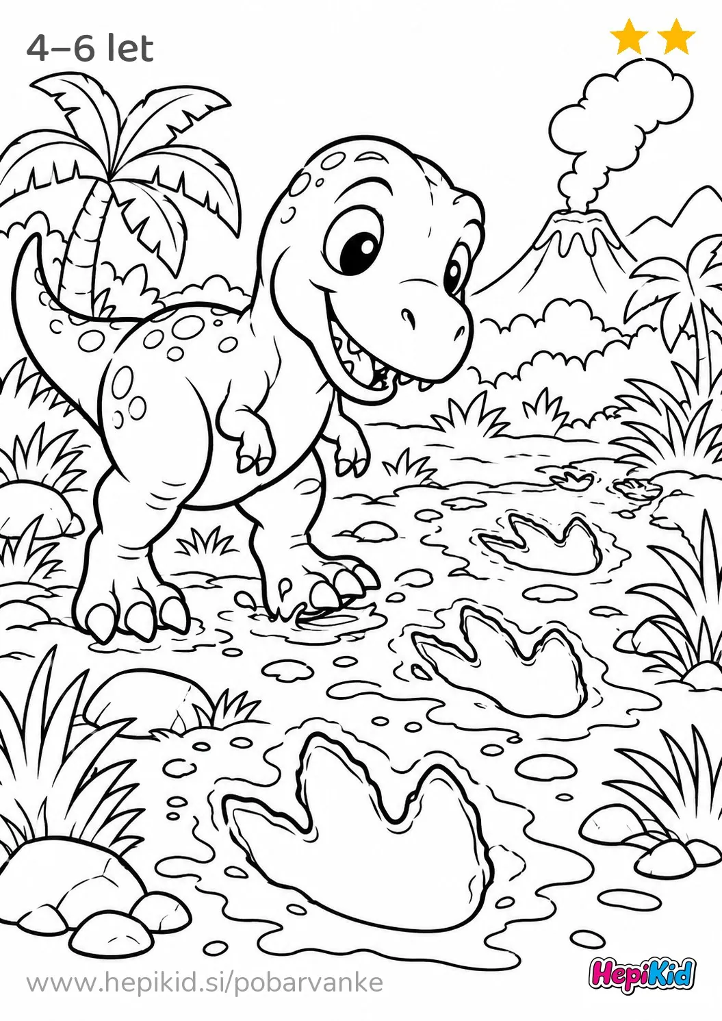 Kawaii pobarvanka: dinozaver in sledovi v blatu za otroke od 4–6 let
