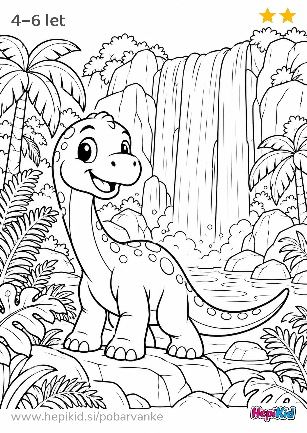 Kawaii pobarvanka: dinozaver in slap v džungli za otroke od 4–6 let