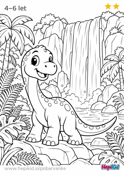 Kawaii pobarvanka: dinozaver in slap v džungli za otroke od 4–6 let