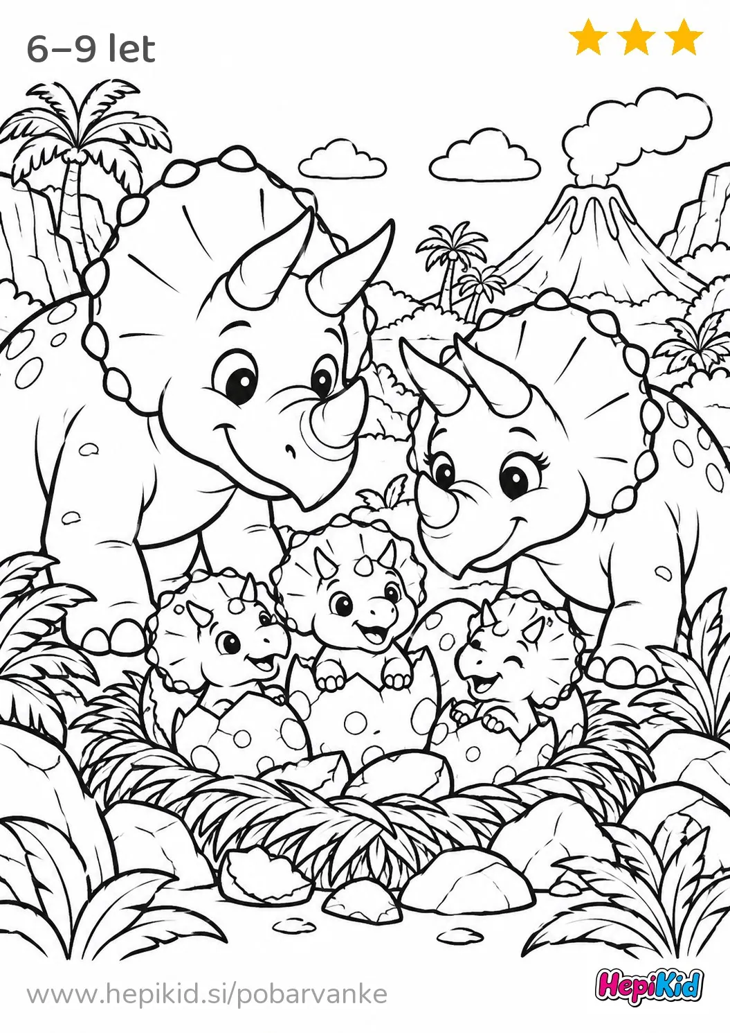 Kawaii pobarvanka: dinozavrsko gnezdo in mladiči za otroke od 6–9 let