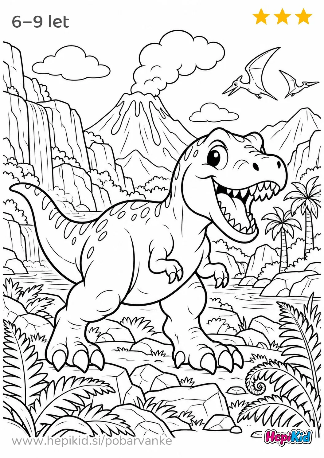 Kawaii pobarvanka: t-rex v vulkanski dolini za otroke od 6–9 let