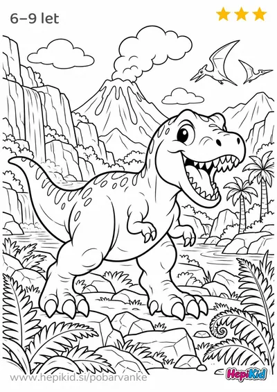 Kawaii pobarvanka: t-rex v vulkanski dolini za otroke od 6–9 let