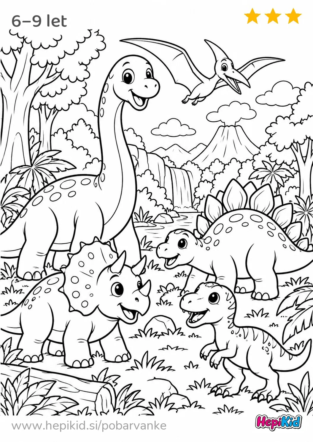 Kawaii pobarvanka: prazgodovinski gozd z več dinozavri za otroke od 6–9 let