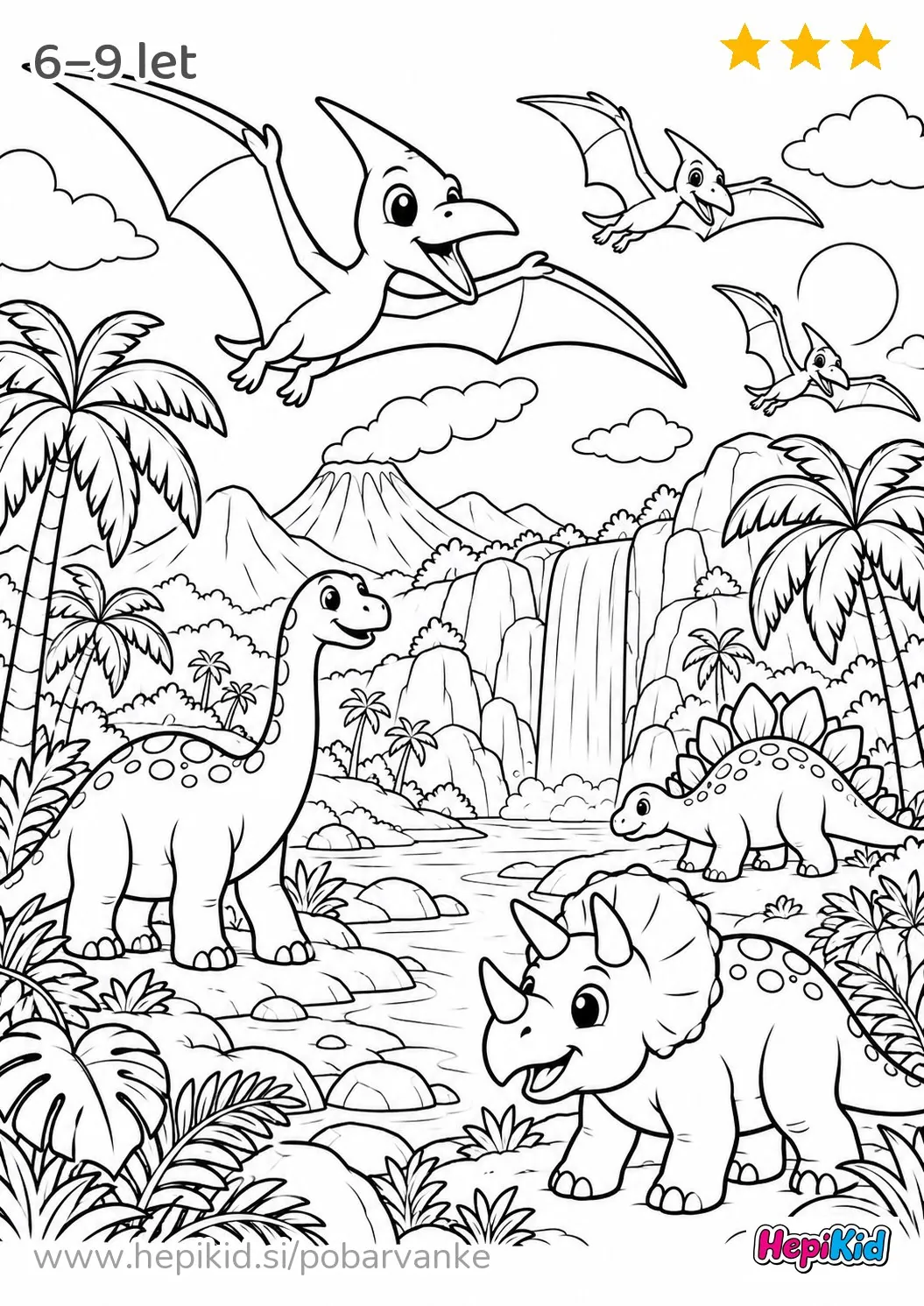 Kawaii pobarvanka: pterodaktili nad dinozavrsko dolino za otroke od 6–9 let