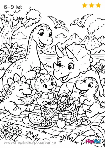 Kawaii pobarvanka: dinozavrski družinski piknik za otroke od 6–9 let