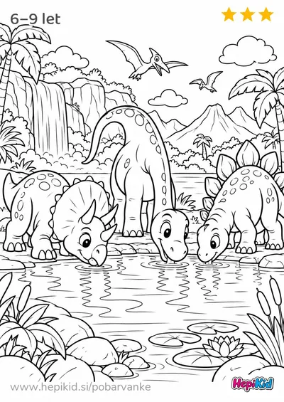 Kawaii pobarvanka: dinozavri na prazgodovinski plaži za otroke od 6–9 let