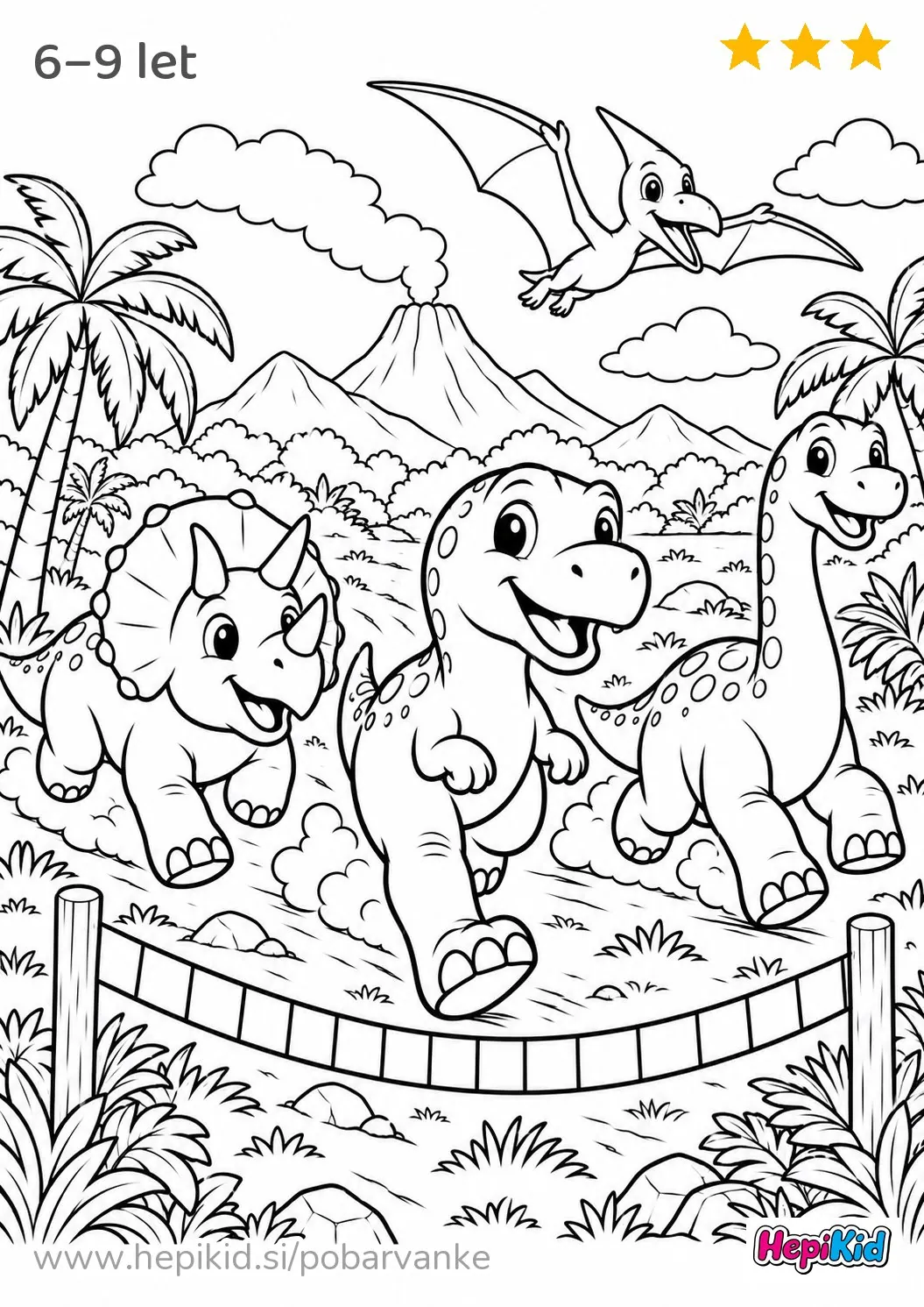 Kawaii pobarvanka: dinozavrska dirka po travniku za otroke od 6–9 let