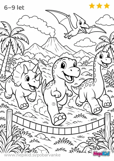 Kawaii pobarvanka: dinozavrska dirka po travniku za otroke od 6–9 let