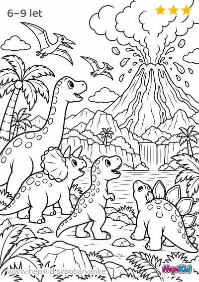 Kawaii pobarvanka: dinozavri in velikanski vulkan za otroke od 6–9 let