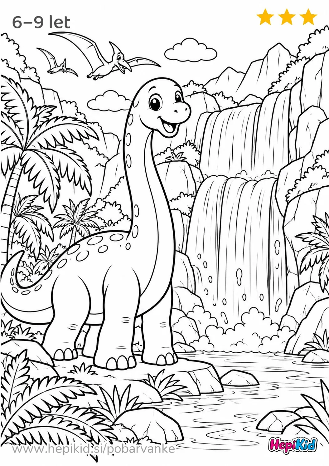 Kawaii pobarvanka: dinozaver in prazgodovinski slap za otroke od 6–9 let