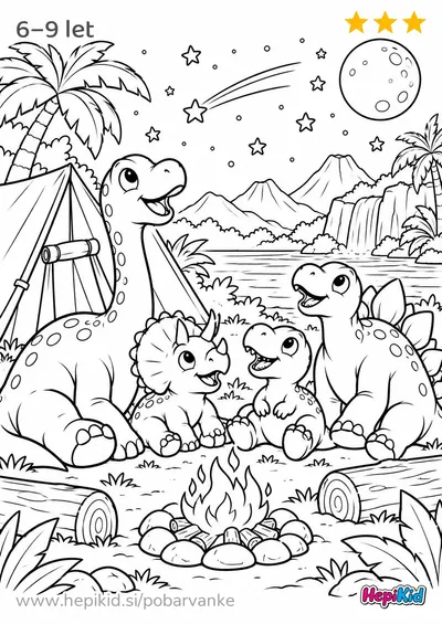 Kawaii pobarvanka: dinozavrska družina pod zvezdami za otroke od 6–9 let