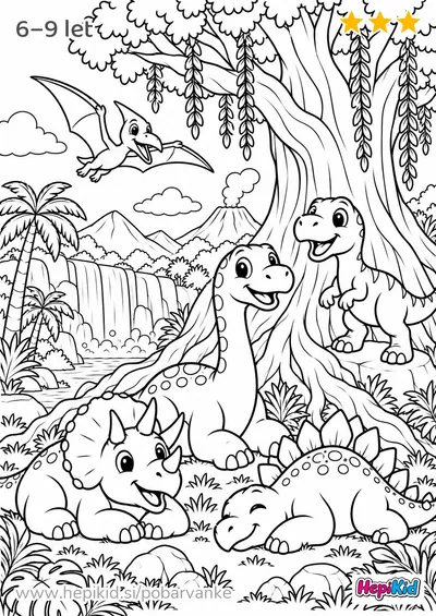 Kawaii pobarvanka: dinozavri ob velikem prazgodovinskem drevesu za otroke od 6–9 let