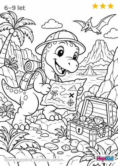 Kawaii pobarvanka: dinozaver išče zakladno skrinjo za otroke od 6–9 let