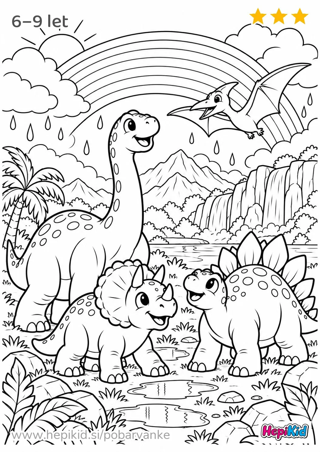 Kawaii pobarvanka: dinozavri in mavrica po dežju za otroke od 6–9 let