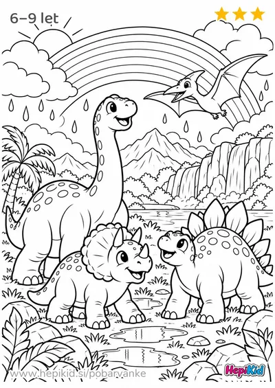 Kawaii pobarvanka: dinozavri in mavrica po dežju za otroke od 6–9 let
