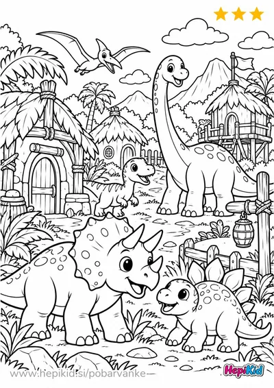 Dinozavri se sprehajajo med okroglimi hiškami s slamnatimi strehami.