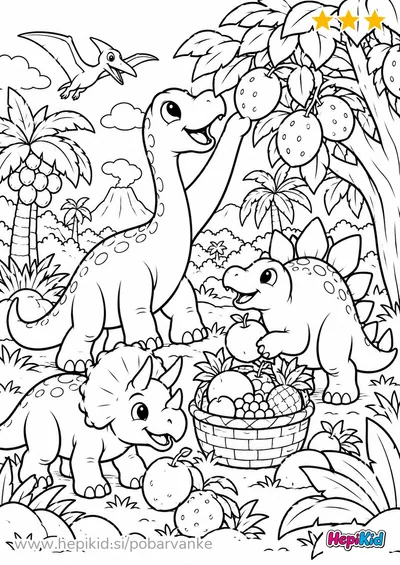 Dinozavri stojijo ob polni košari pod drevesom z velikimi plodovi.