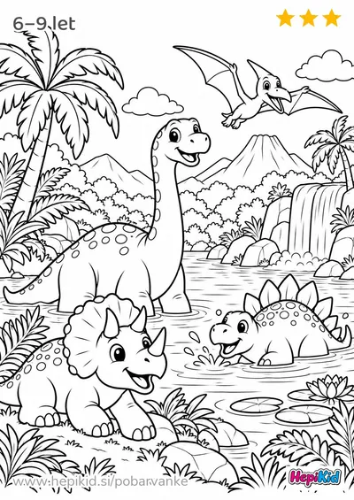 Kawaii pobarvanka: dinozavrski dan na jezeru za otroke od 6–9 let