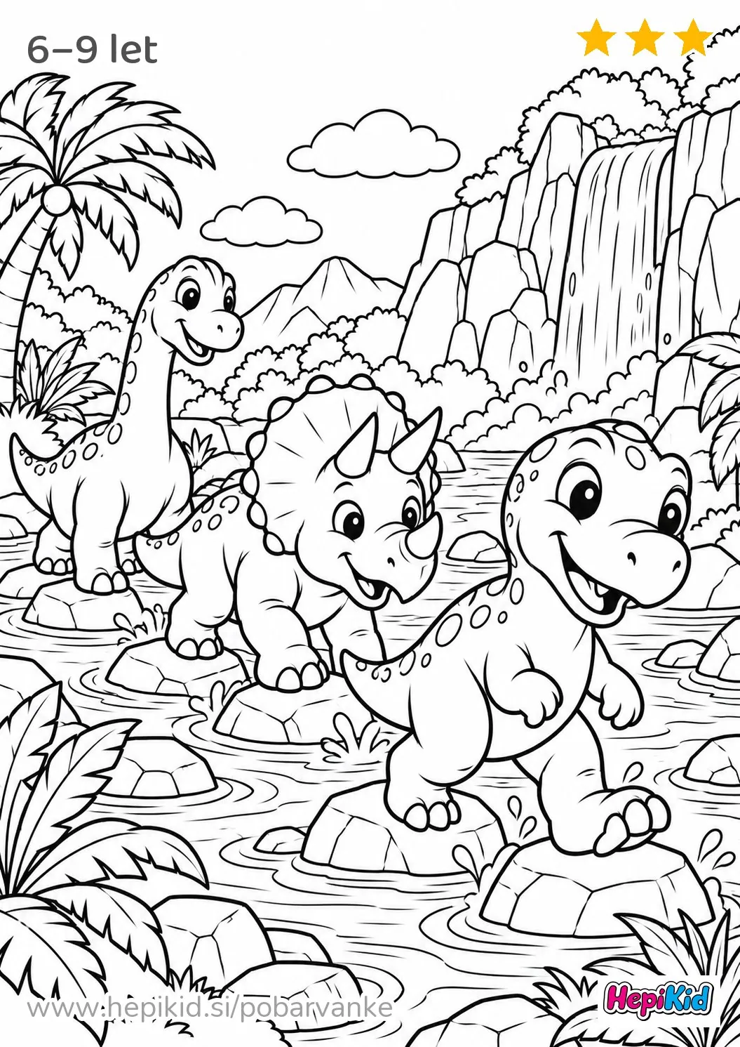 Kawaii pobarvanka: dinozavri prečkajo reko za otroke od 6–9 let