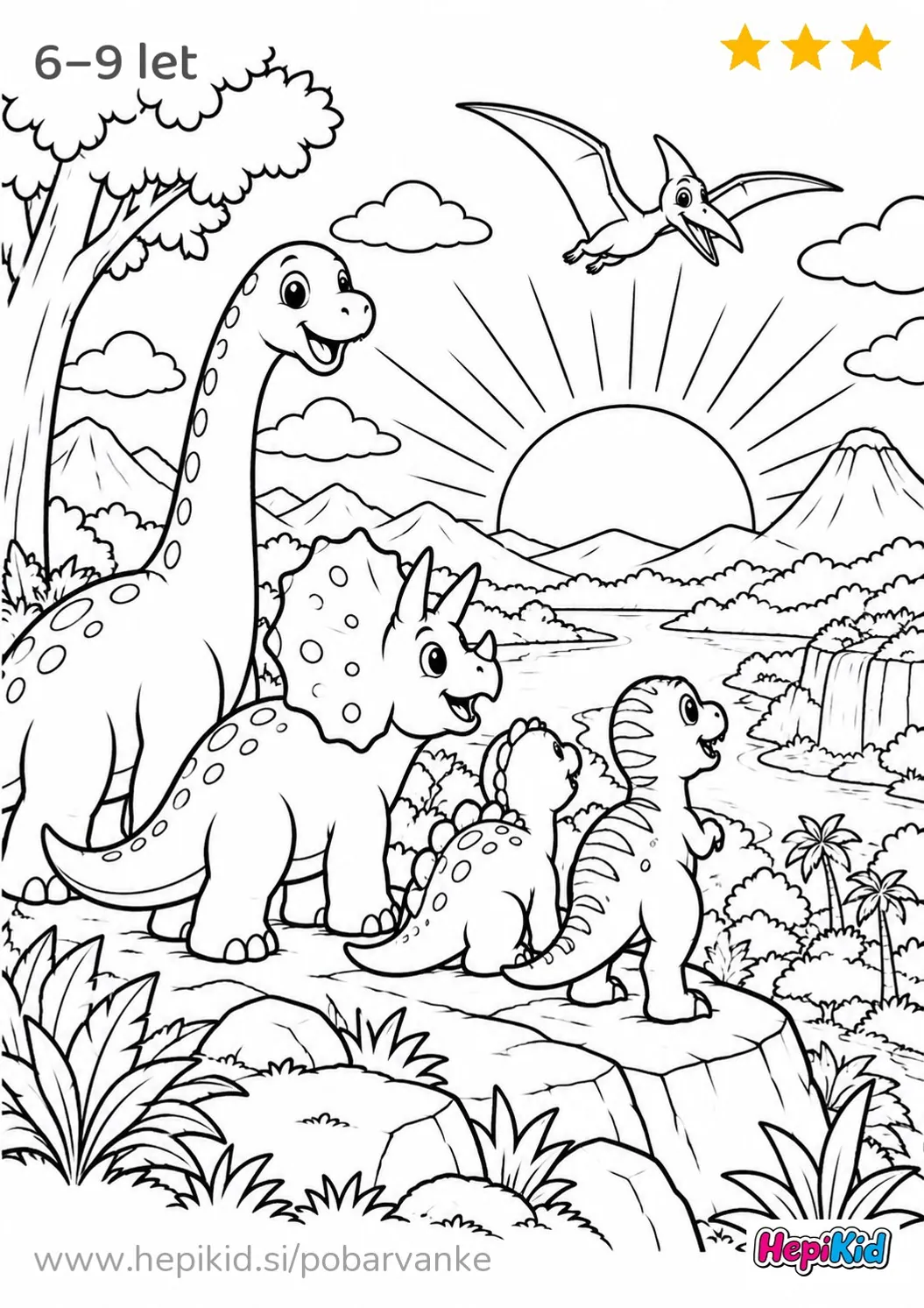 Kawaii pobarvanka: dinozavri opazujejo sončni vzhod za otroke od 6–9 let