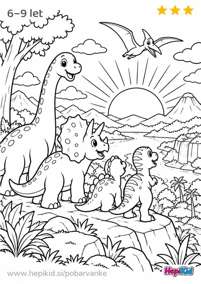 Kawaii pobarvanka: dinozavri opazujejo sončni vzhod za otroke od 6–9 let