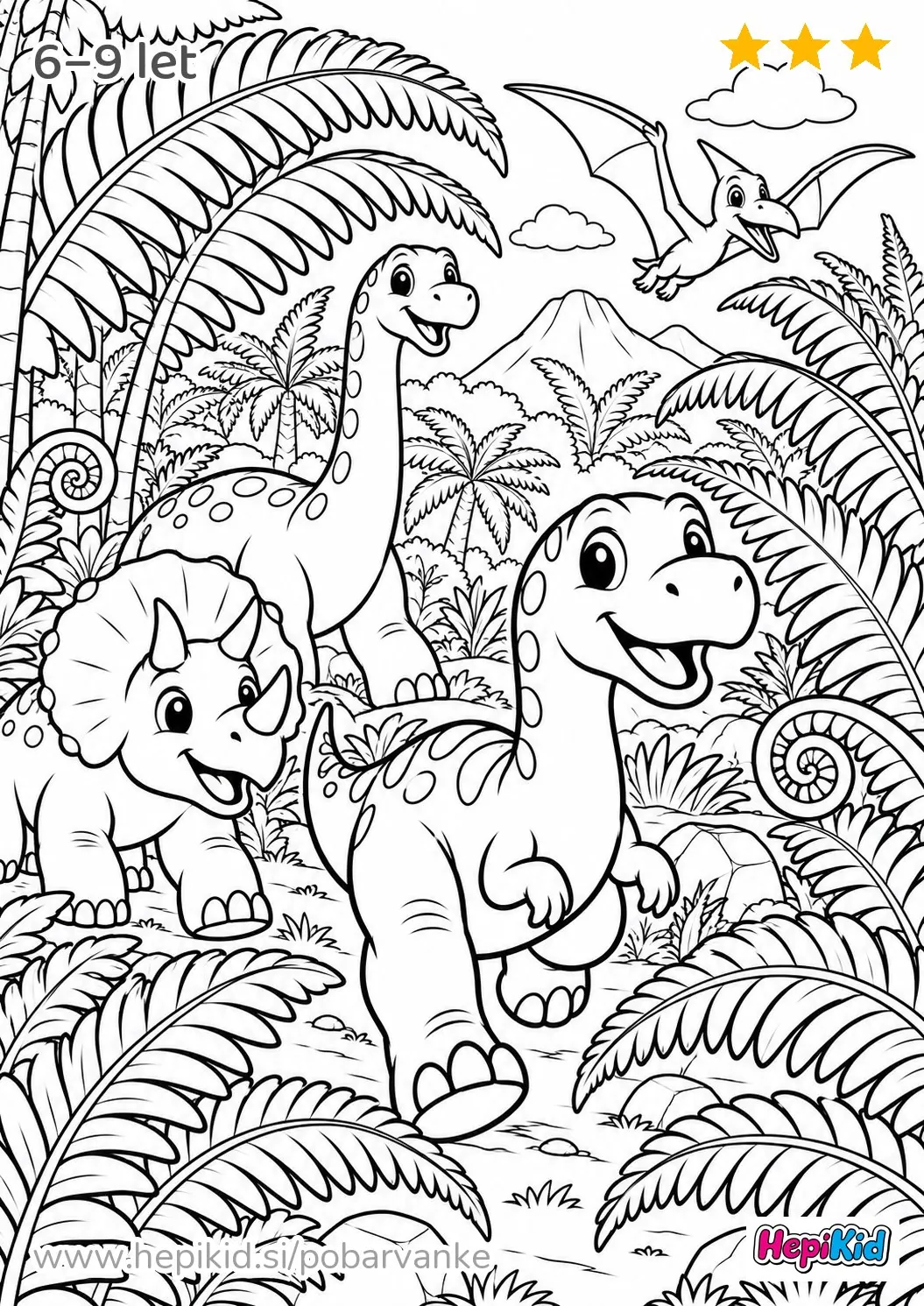 Kawaii pobarvanka: dinozavri in velikanski praprotni listi za otroke od 6–9 let