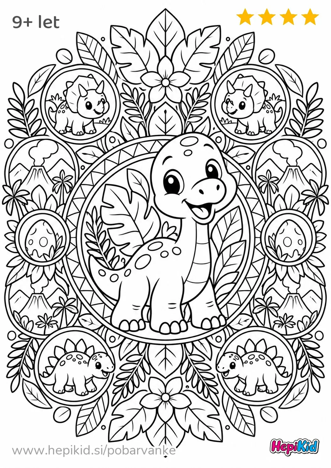 Kawaii pobarvanka: Dinozavrski mandala vrt za otroke od 9–12 let