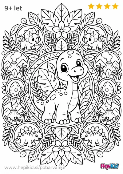 Kawaii pobarvanka: Dinozavrski mandala vrt za otroke od 9–12 let