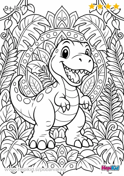 Kawaii pobarvanka: T-Rex v mandala džungli za otroke od 9–12 let
