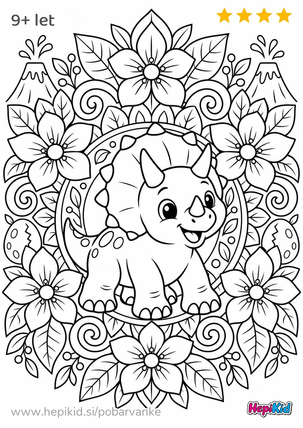 Kawaii pobarvanka: Triceratops in mandala cvetov za otroke od 9–12 let