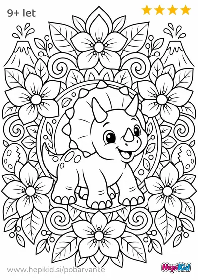 Kawaii pobarvanka: Triceratops in mandala cvetov za otroke od 9–12 let