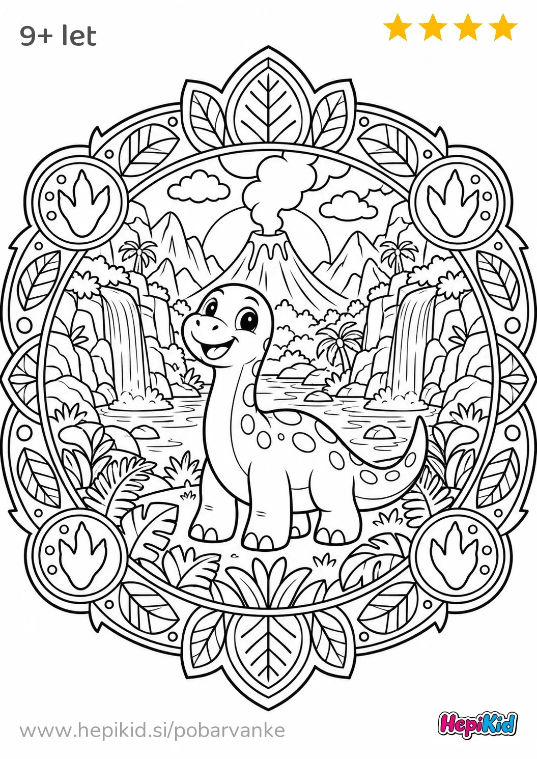 Kawaii pobarvanka: Dinozavrska dolina kot mandala za otroke od 9–12 let