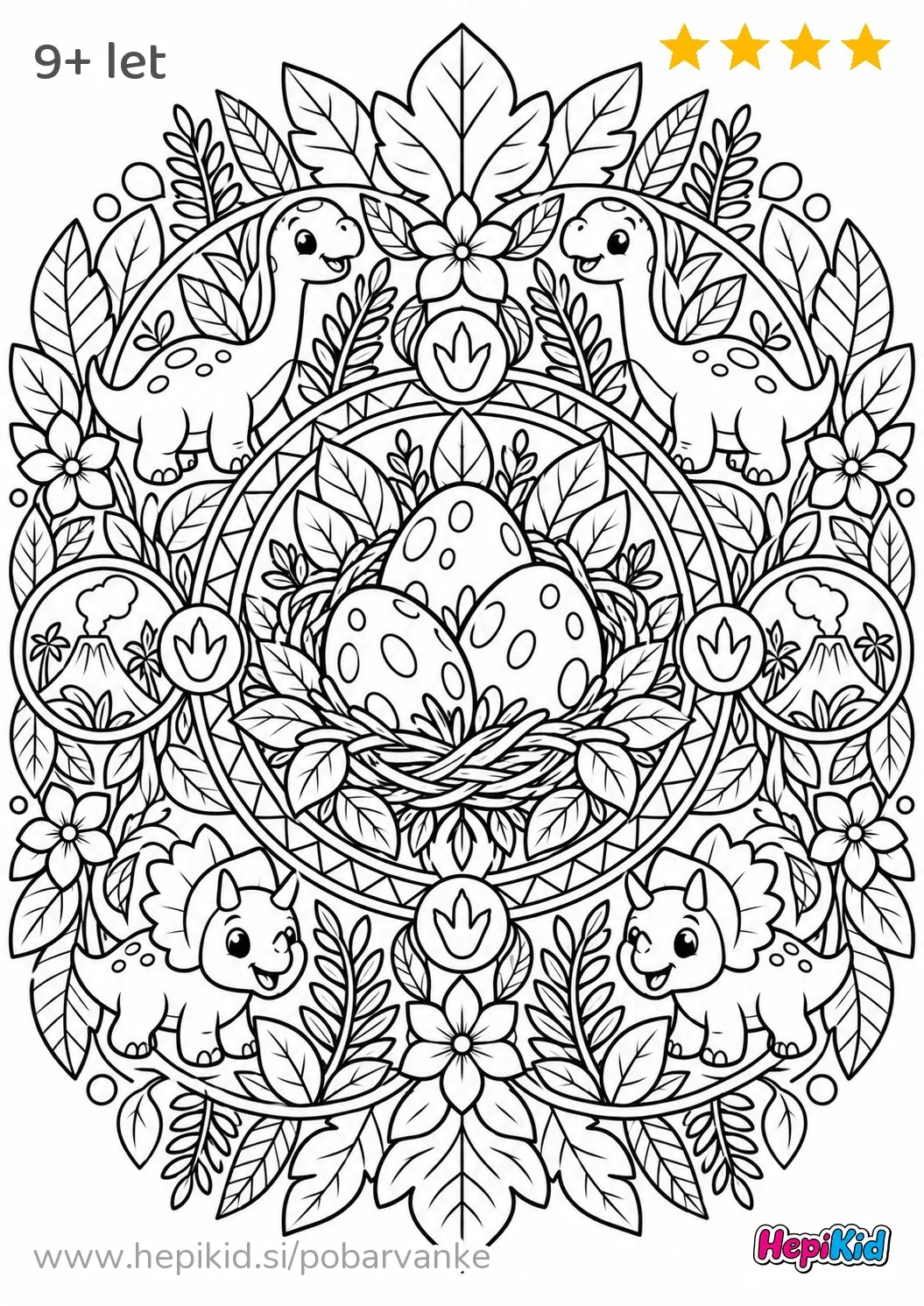 Kawaii pobarvanka: Mandala dinozavrskih jajc za otroke od 9–12 let