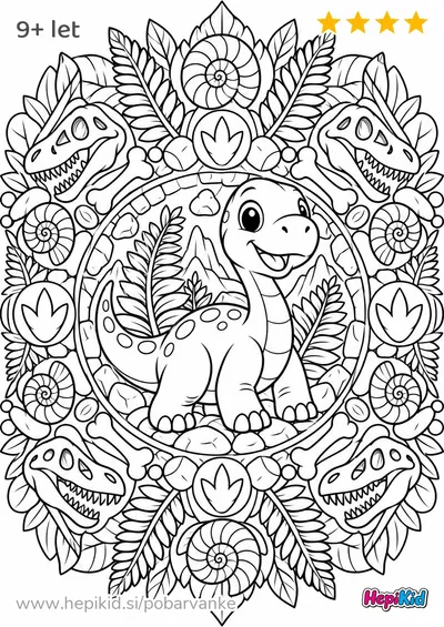 Kawaii pobarvanka: Mandala prazgodovinskih fosilov za otroke od 9–12 let
