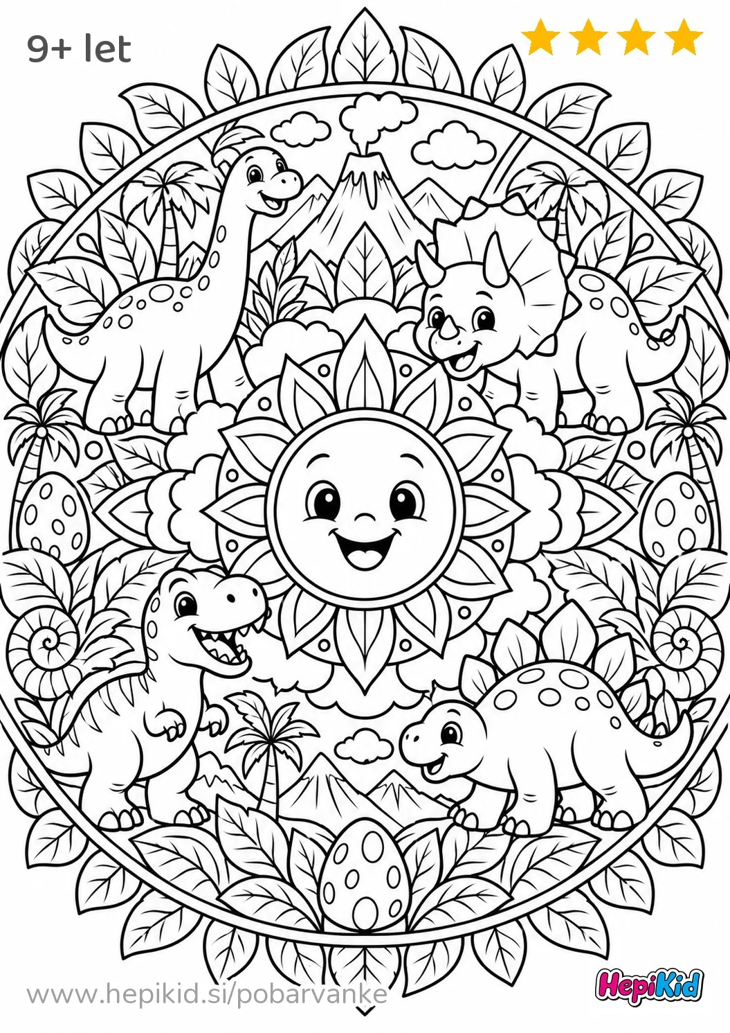 Kawaii pobarvanka: Dinozavri pod mandala soncem za otroke od 9–12 let